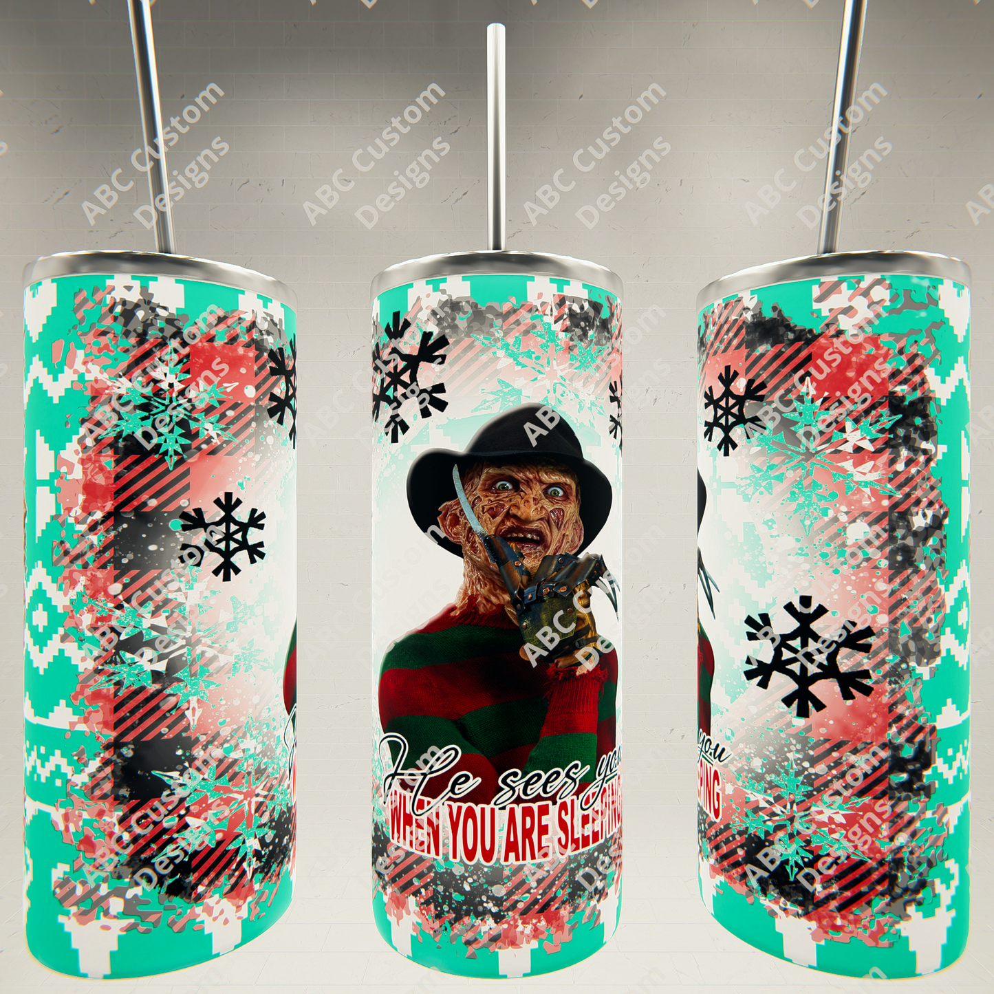 He Sees You When You're Sleeping - Freddy Krueger - Christmas Horror Tumbler
