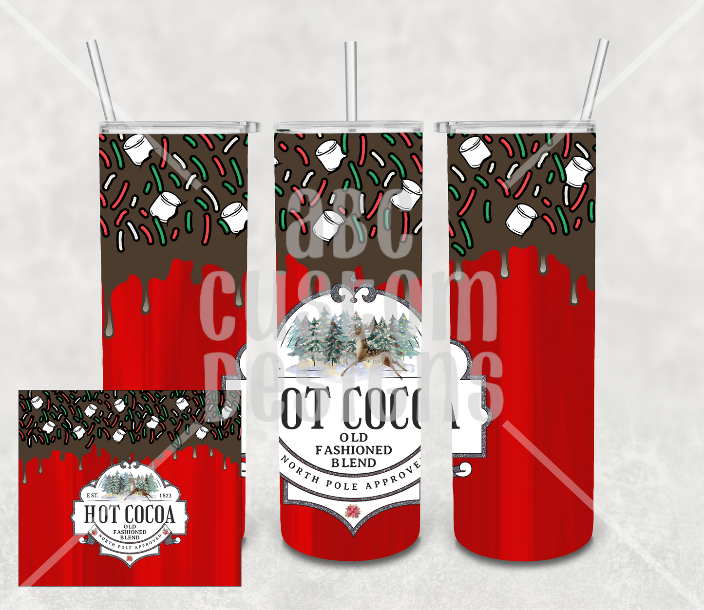 Tumbler - Hot Cocoa - North Pole Approved - Marshmallows and Sprinkles - Red Background