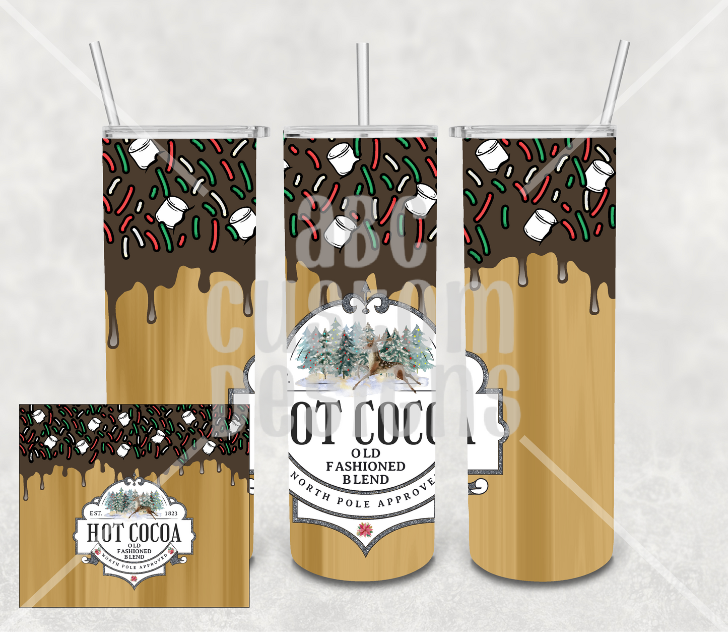 Tumbler - Hot Cocoa - North Pole Approved - Marshmallows and Sprinkles - Brown Background