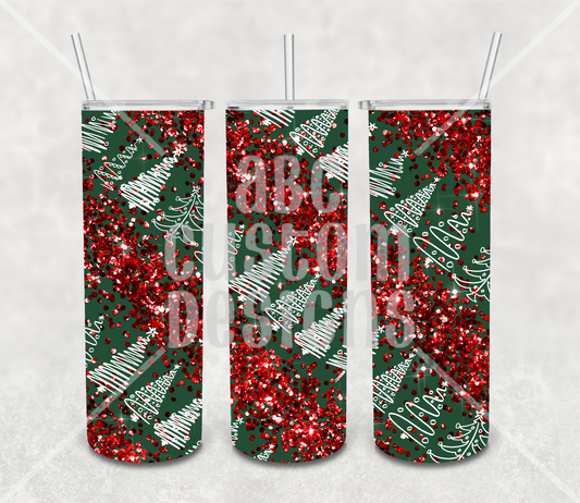 Tumbler - Red Faux Glitter - White Trees on Green Background