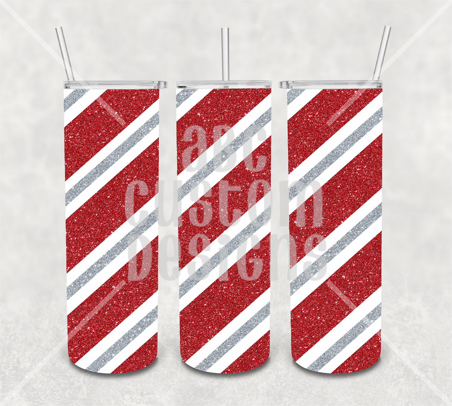 Tumbler - Red, White, and Silver Faux Glitter Striped