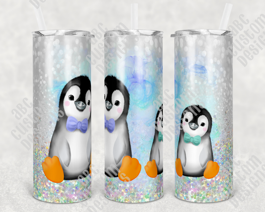 Tumbler - Penguins - White with Faux Colored Glitter