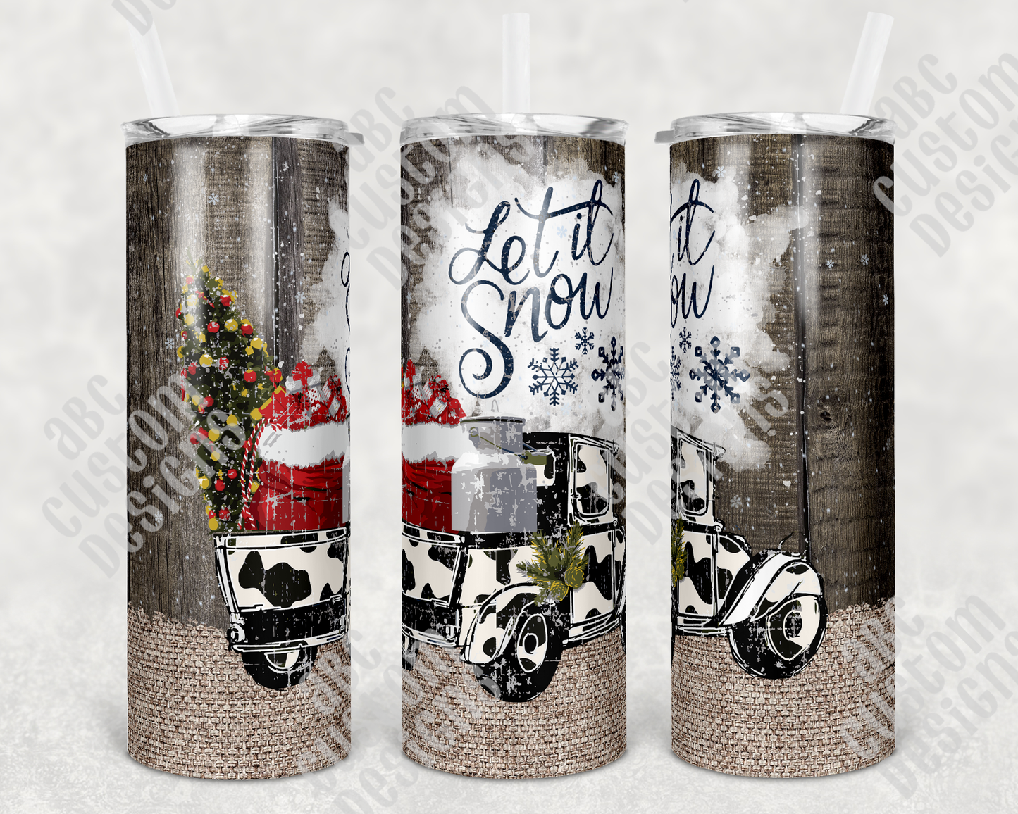 Tumbler - Let it Snow - Cow Patterned Truck with Christmas Tree