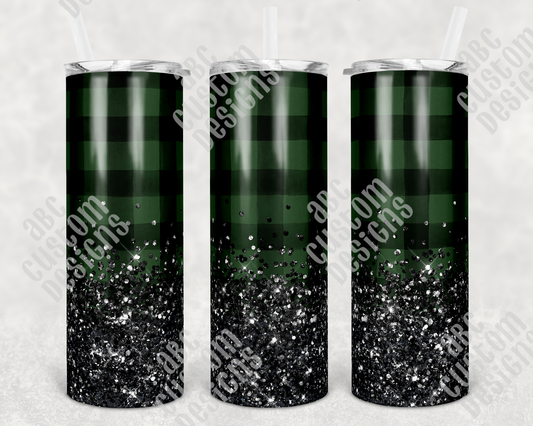 Tumbler - Green and Black Plaid - Faux Black Glitter