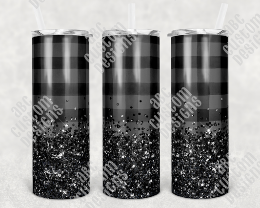 Tumbler - Grey and Black Plaid - Faux Black Glitter