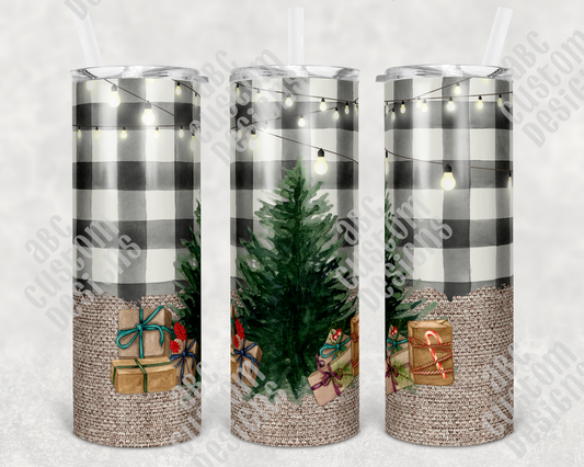 Tumbler - Christmas Tree and Gifts - White Plaid Background