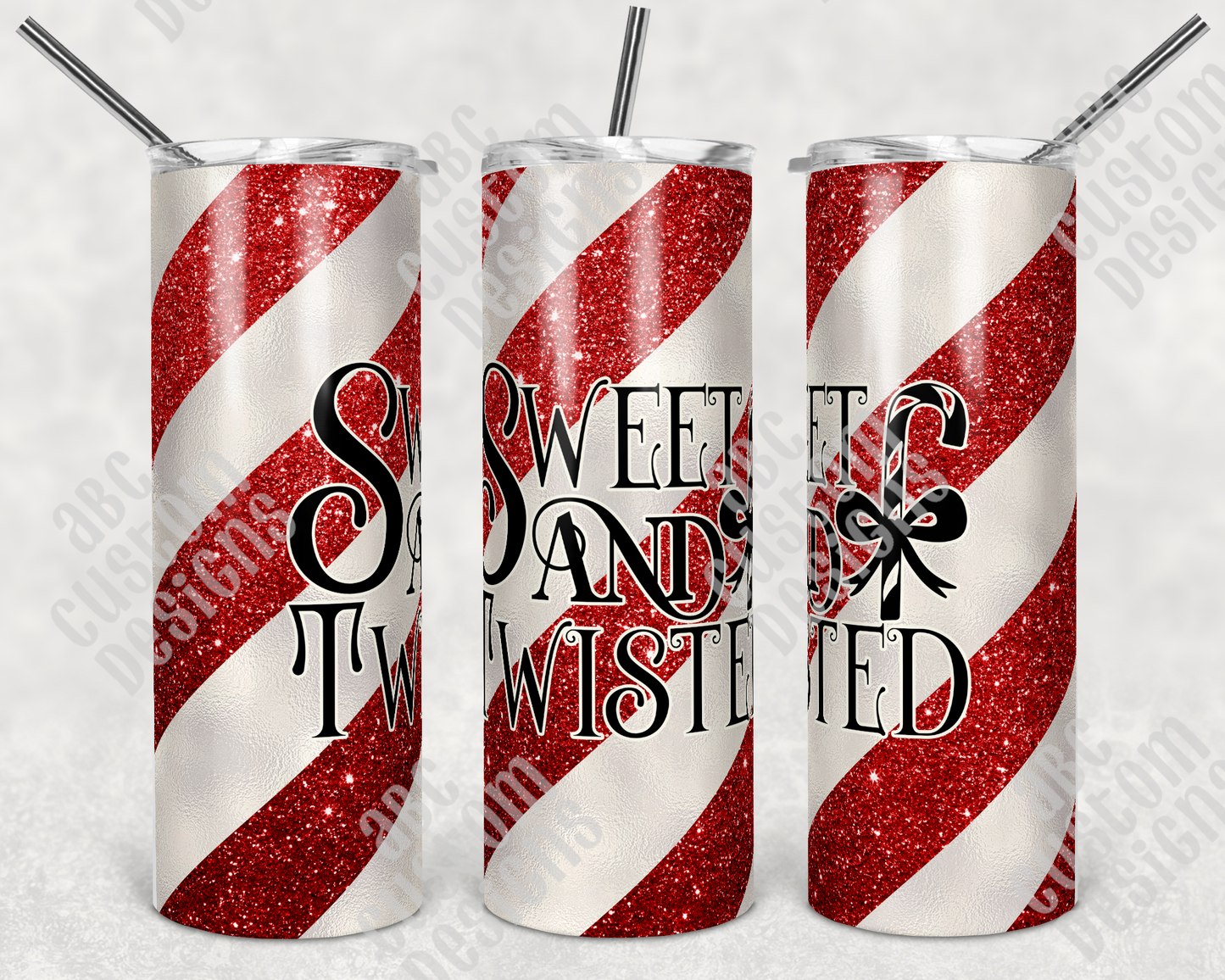 Tumbler - Sweet and Twisted - Red Faux Glitter - Candy Cane Pattern