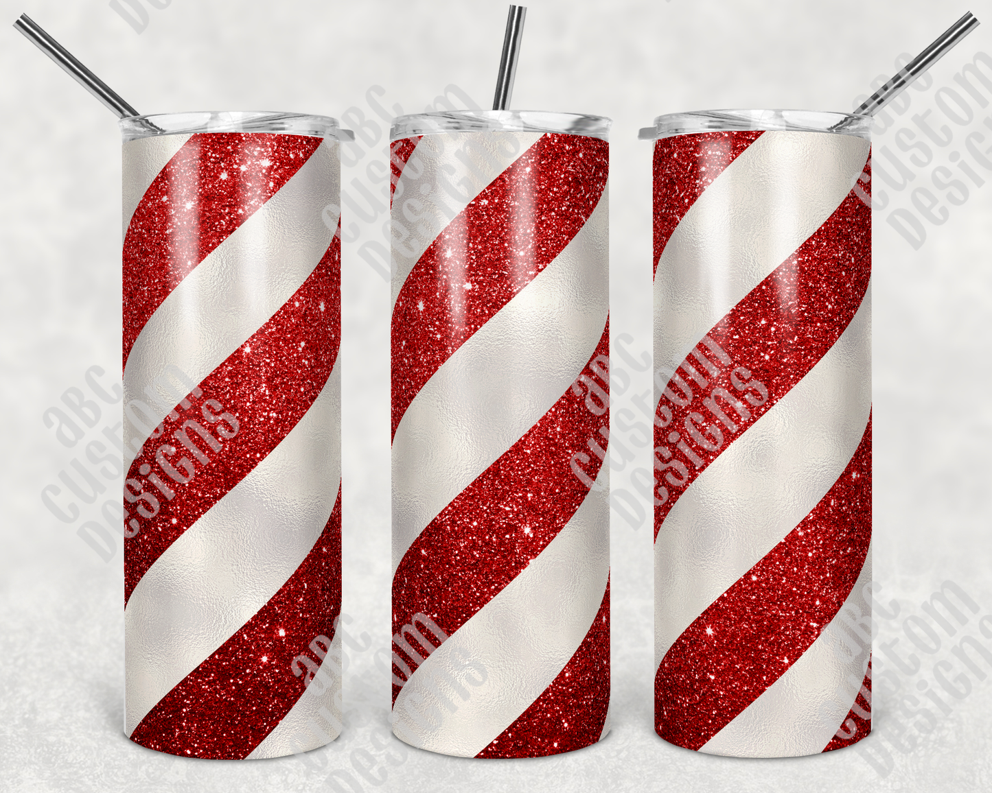 Tumbler - Red Faux Glitter - Candy Cane Pattern